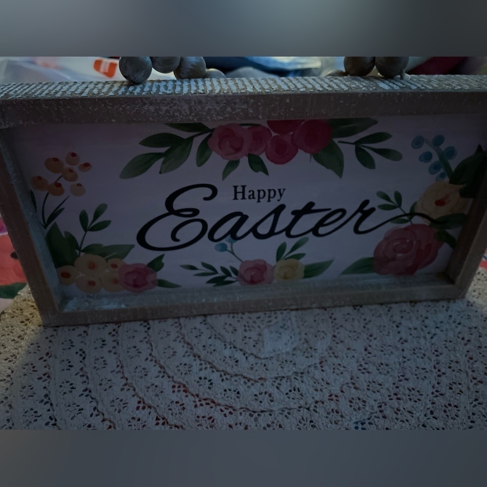 Rose and Yellow Happy Easter sign with distressed wood and wooden bead hanger